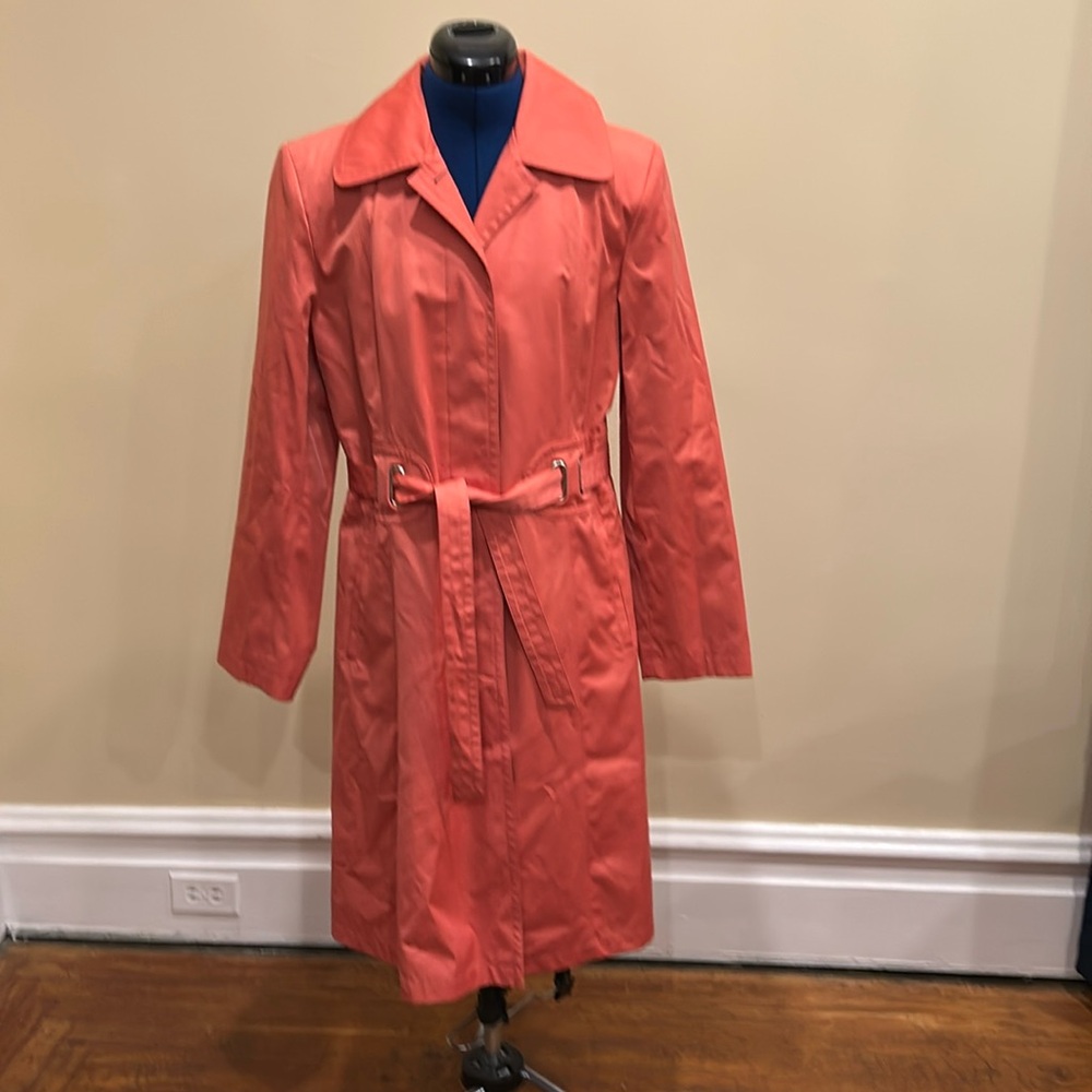 Tailored lined 3/4 lightweight salmon coral orange trench raincoat with belt